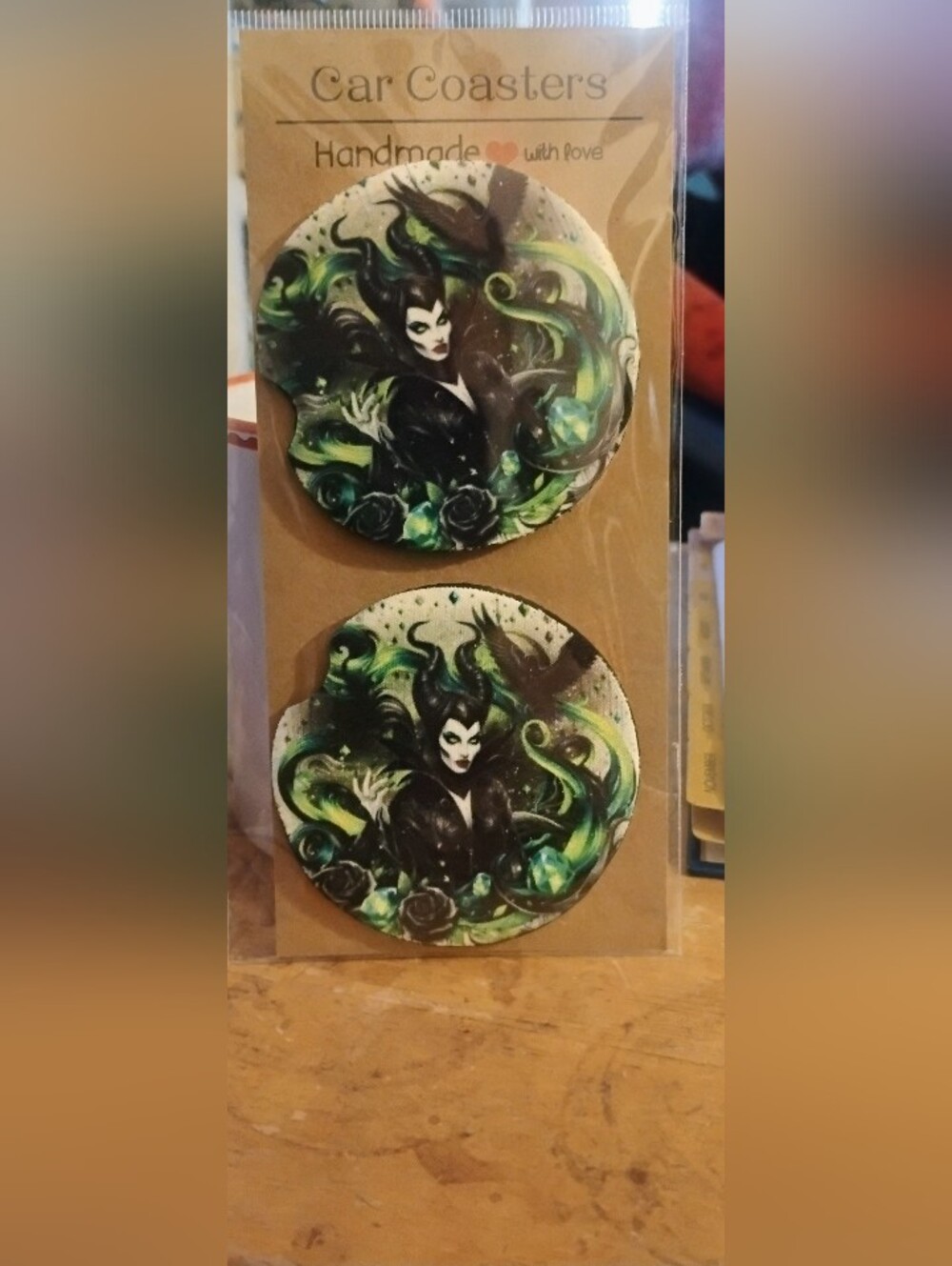 Villains Art Round Car Coasters — Black & Green -Malificeint NWOT Handmade